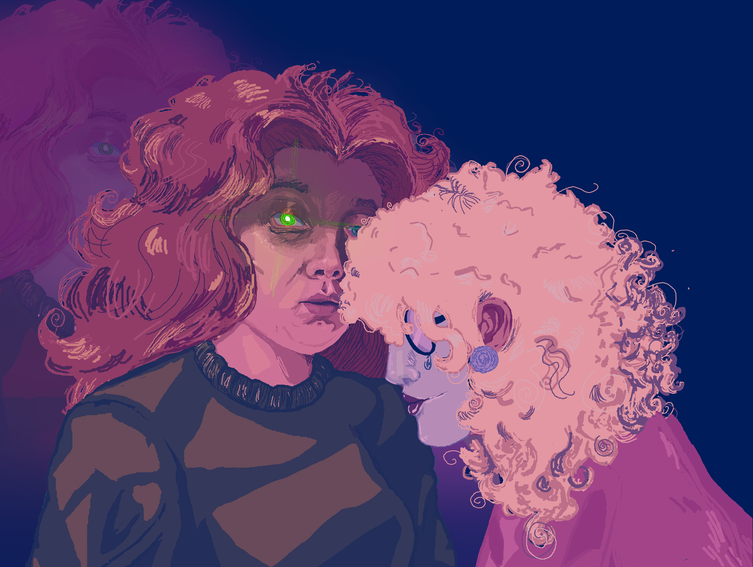 Digital drawing made in MS Paint depicting a red haired woman with green eyes, one glowing eye, who is looking off into the distance. She wears a muted green sweater. Beside her is another woman. This woman has blonde hair, very curly, and has on a clay Pierrot clown mask, which has a sculpted tear on it. The lips of the mask extend too far and make the cheek look cut. Over the mask she has on round, black glasses. She is wearing a pink suit jacket. She is leaning down and pressing a kiss to the red haired woman's shoulder.